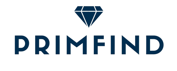The PRIMFIND brand logo is shown on a plain white background, featuring a dark navy blue diamond icon above the brand name in a matching dark navy blue sans-serif font.